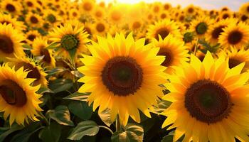 A vibrant field of sunflowers with the golden sun shining in the background AI Generated photo