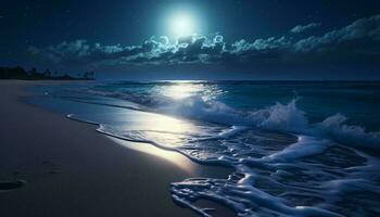 un sereno playa iluminado por el lleno Luna ai generado foto