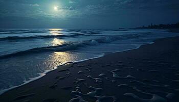 un sereno playa iluminado por el radiante resplandor de un lleno Luna ai generado foto