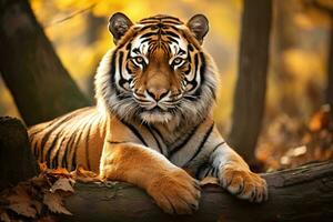 A majestic tiger resting on a log in the enchanting woods AI Generated photo