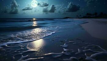 un sereno lleno Luna esclarecedor el Oceano y fundición un reluciente resplandor en un tranquilo playa ai generado foto