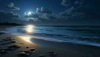 un sereno playa debajo un luminoso lleno Luna con cautivador huellas en el arena ai generado foto