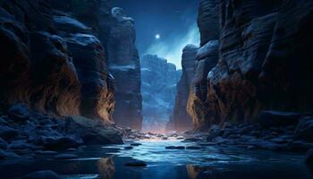 A full moon illuminating a river flowing through a majestic rocky canyon AI Generated photo