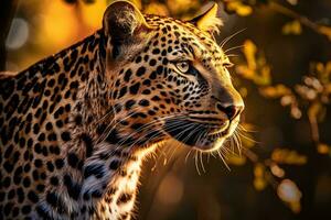 A majestic leopard resting near a towering tree in the wilderness AI Generated photo