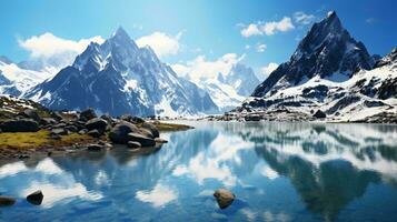 un maravilloso montaña rango reflejado en un sereno lago ai generado foto