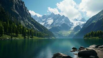 un tranquilo montaña lago anidado entre imponente arboles y escabroso rocas ai generado foto