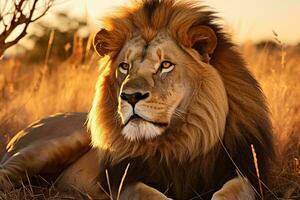 un majestuoso león descansando en un lozano herboso campo ai generado foto