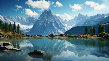 A stunning mountain range reflected in a serene lake AI Generated photo