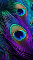 un vibrante de cerca de un de pavo real iridiscente plumas ai generado foto