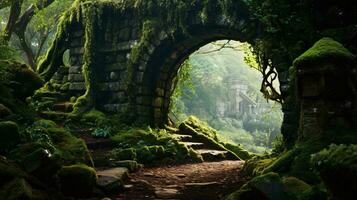 A mesmerizing tunnel surrounded by vibrant greenery in a lush forest AI Generated photo