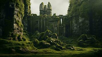 A moss-covered castle ruins in a picturesque setting AI Generated photo