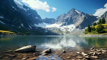 un sereno lago anidado en medio de majestuoso montañas con dispersado rocas ai generado foto