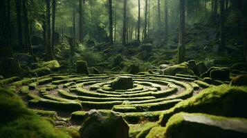 A mesmerizing circular maze hidden deep within a enchanting forest AI Generated photo