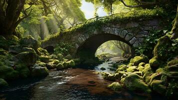 A picturesque bridge over a serene stream in the heart of a lush forest AI Generated photo