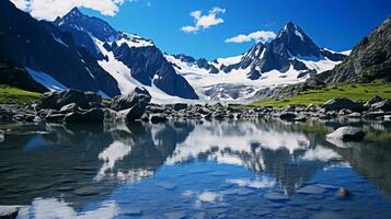 A scenic mountain range reflected in a serene lake, framed by rugged rocks AI Generated photo