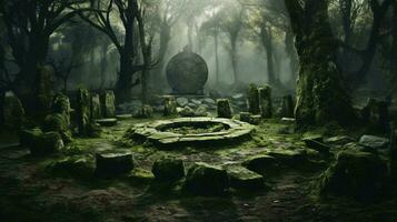 A mystical forest with lush green moss covering the ground AI Generated photo