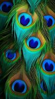 A vibrant and intricate display of a peacock's tail feathers AI Generated photo