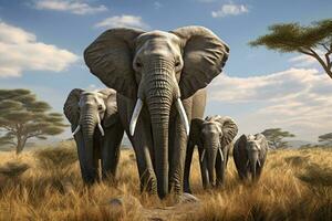 A majestic herd of elephants gracefully crossing a golden grass field AI Generated photo