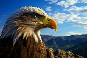 un calvo águila con montañas en el antecedentes ai generado foto