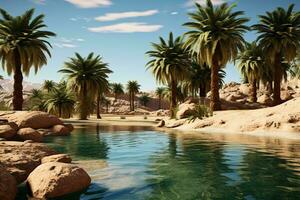 a pool of water with palm trees and rocks around it AI Generated photo