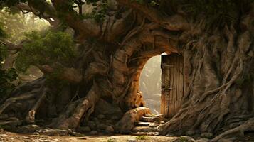 un grande árbol con un puerta en eso ai generado foto