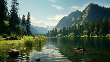 a lake surrounded by trees and mountains AI Generated photo