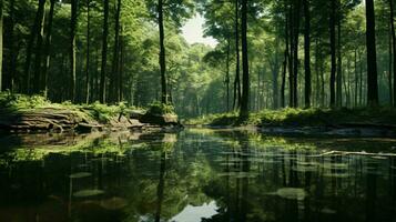 a body of water surrounded by trees AI Generated photo