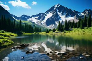 un lago con montañas en el antecedentes ai generado foto