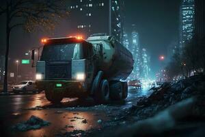 Garbage truck in the night city. Neural network AI generated photo