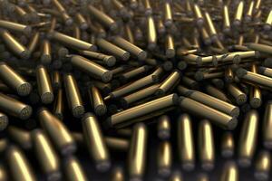 A pile of ammunition for weapons. Cartridges for machine guns and carbines. Background from new shiny cartridges. Neural network AI generated photo