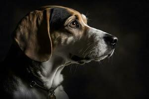 Beagle dog in portrait against black background. Neural network AI generated photo