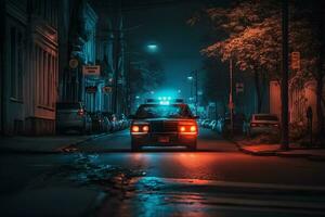 policía coche en un lluvioso noche ciudad. neural red ai generado foto