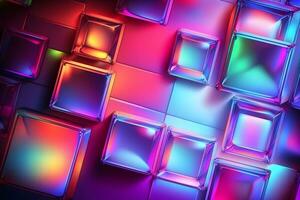 Abstract background with neon holographic square elements. Neural network AI generated photo