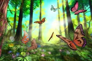 Fairytale forest landscape with many flying butterflies. Neural network AI generated photo