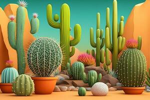 Desert Cacti Cactus blossom and Saguaros. Neural network AI generated photo