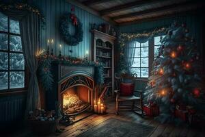 Beautiful cozy Christmas interior with a fireplace. Neural network AI generated photo