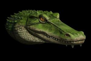 Close up view crocodile. Wild animal isolated on a black background. Neural network AI generated photo