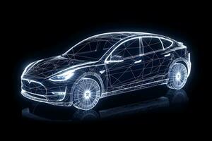 coche de el futuro holograma neón en un negro antecedentes. neural red ai generado foto