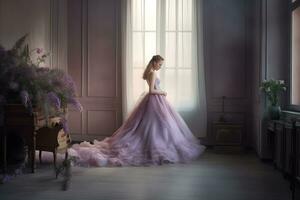 hermosa fantasía mujer en púrpura ropa. neural red ai generado foto