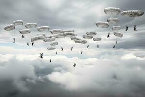 Military parachutist paratroopers jumping out of an air force airplane. Neural network AI generated photo