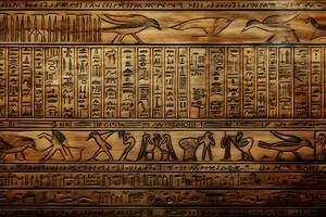 antiguo egipcio dibujos y jeroglíficos en el pared en el templo. neural red ai generado foto