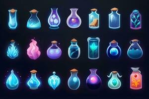 Set of magical potion bottles. Neural network AI generated art photo