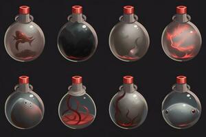 Set of magical red potion bottles. Neural network AI generated art photo