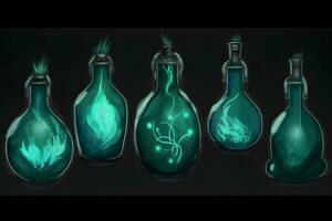 Set of magical potion bottles. Neural network AI generated art photo