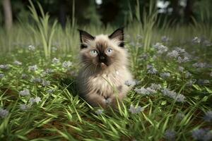 Cute little kitten walking in the garden. Neural network AI generated photo