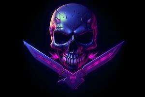 Purple punk cyber human skull with weapon. Neural network AI generated photo