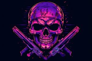 Purple punk cyber human skull with weapon. Neural network AI generated photo