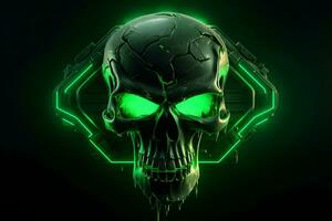 Green punk cyber human skull with weapon. Neural network AI generated photo