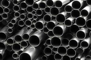 alto calidad galvanizado acero tubo o aluminio y cromo inoxidable tubería en apilar esperando para envío en depósito. neural red ai generado Arte foto