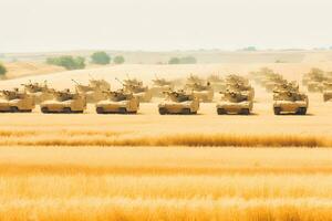 militar o Ejército tanque Listo a ataque y Moviente terminado un abandonado batalla campo terreno. neural red ai generado foto